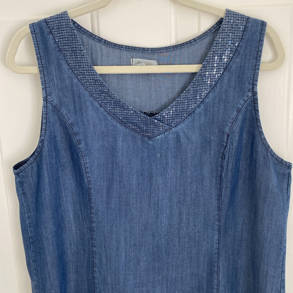 Lina Tomei Italy Blue Denim Color Sleeveless Dress Sequin Detail - Size Large
